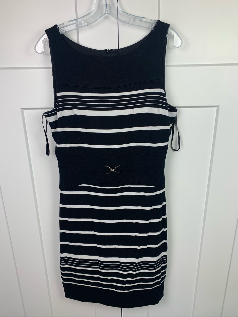 WHBM Black White Striped Lined Sleeveless Sheath Dress Belted Career Office